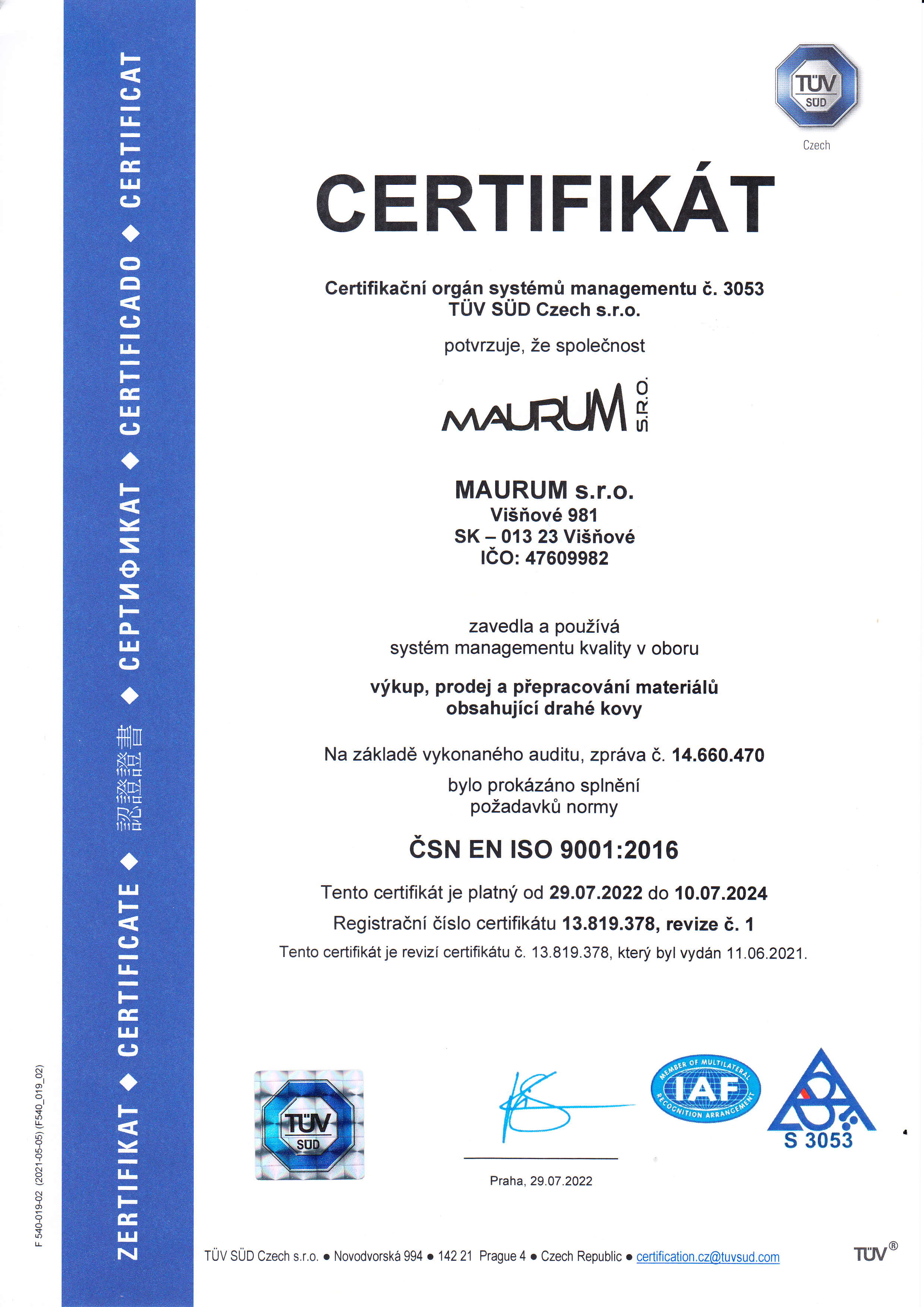 certifikát ISO 9001